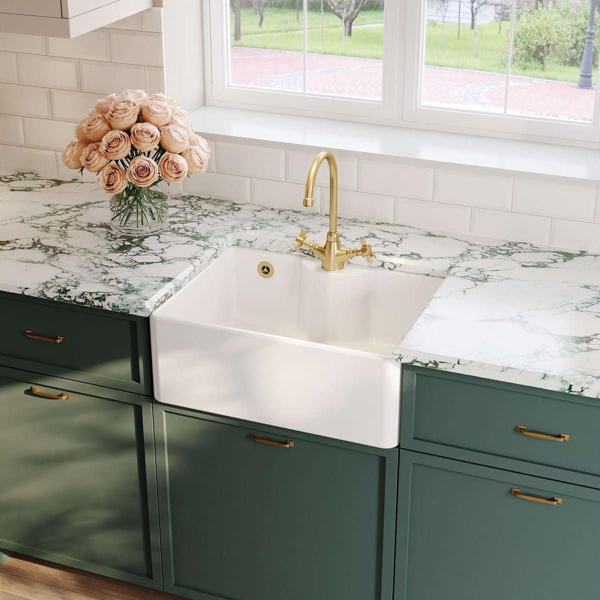 Nuie 595 x 450mm Fireclay 1 Tap Hole Single Bowl Butler Sink With Offset Waste And Overflow – White, photo 4