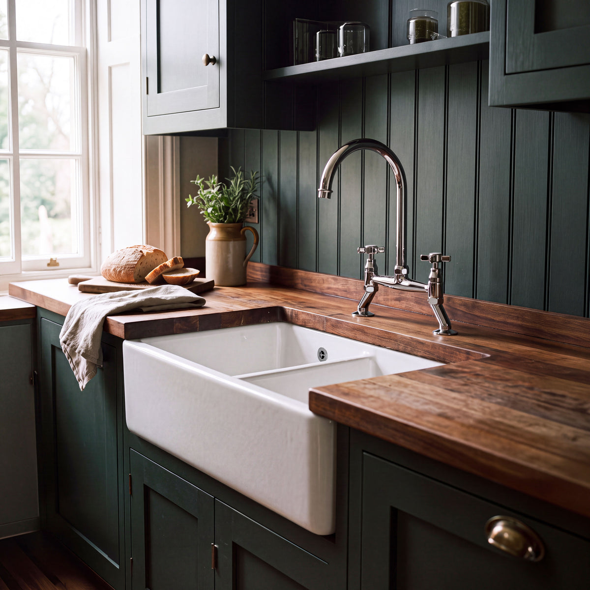 Nuie 795 x 500mm Fireclay Double Bowl Traditional Thick Walled Butler Sink – White