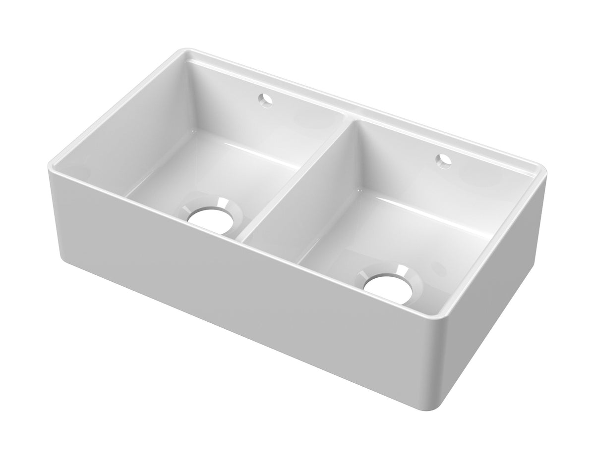 Nuie 795 x 460mm Fireclay Double Bowl Butler Sink With Ledge – White, photo 2