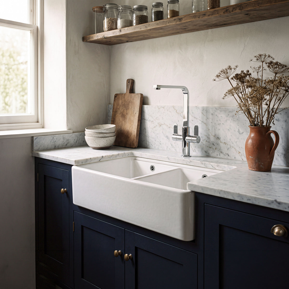 Nuie 795 x 460mm Fireclay Double Bowl Butler Sink With Ledge – White