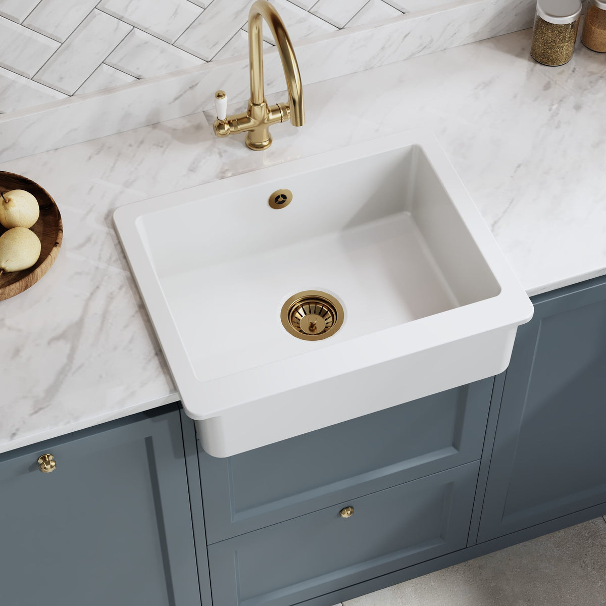 Nuie 595 x 460mm Fireclay Single Bowl Overmount Butler Sink – White, photo 4
