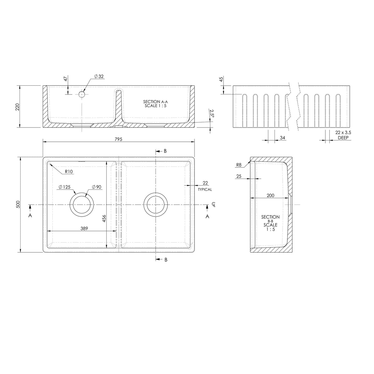 Nuie 795 x 500mm Fireclay Double Bowl Fluted Butler Sink With Central Wastes And Overflow – White, photo 3