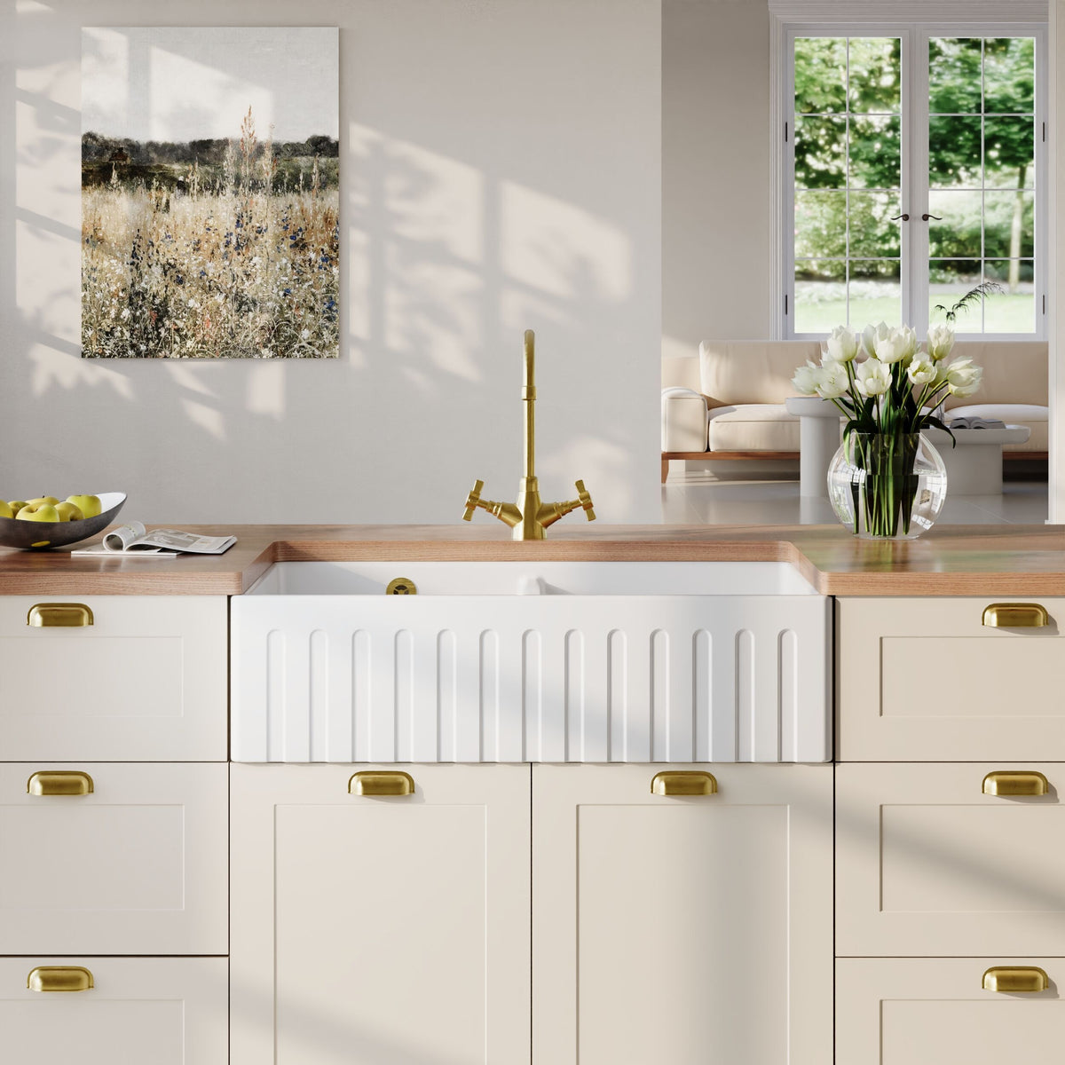 Nuie 795 x 500mm Fireclay Double Bowl Fluted Butler Sink With Central Wastes And Overflow – White
