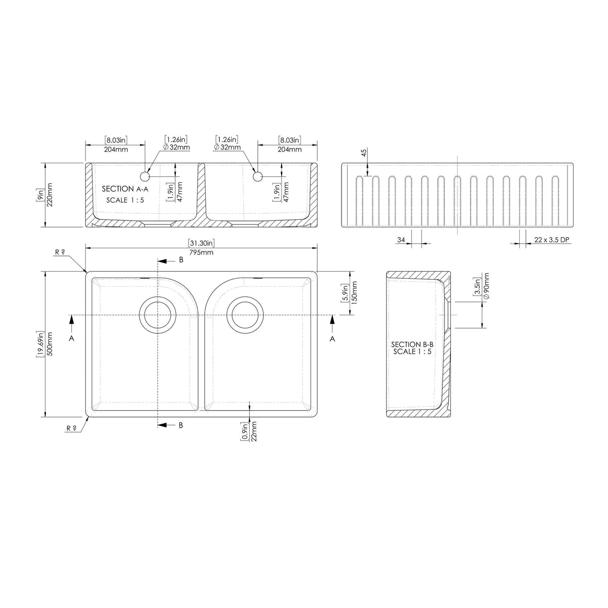Nuie 795 x 500mm Fireclay Double Bowl Fluted Butler Sink With Full Weir, Central Wastes And Overflows – White, photo 3