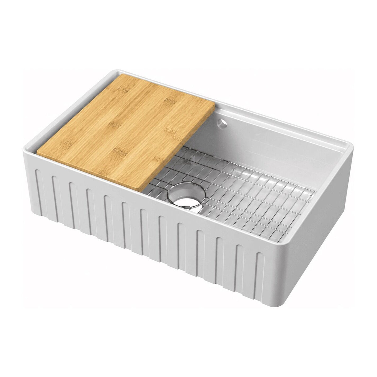 Nuie 795 x 460mm Fireclay Single Bowl Fluted Butler Sink With Ledge, Wire Grid And Bamboo Chopping Board – White