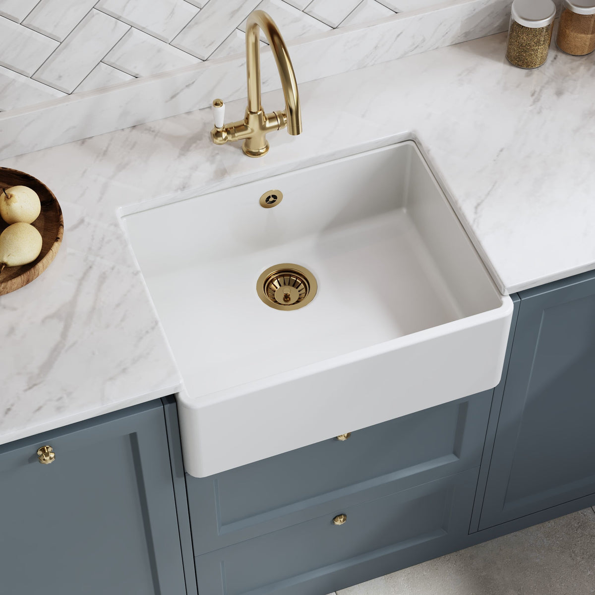 Nuie 595 x 450mm Fireclay Single Bowl Butler Sink – White, photo 4