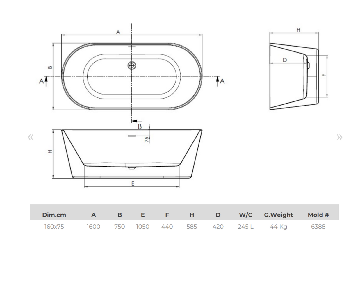 Kartell K-VIT Coast 1600 x 750mm Freestanding Bath - White Gloss (FSB1600CO)
