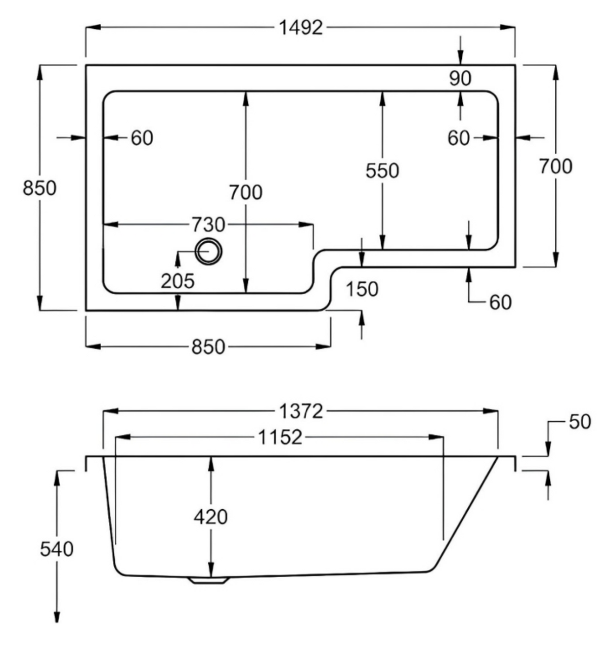 Carron Quantum L Shaped Shower Bath 1500x700(850)mm Left Hand Carronite - White Gloss (02174)