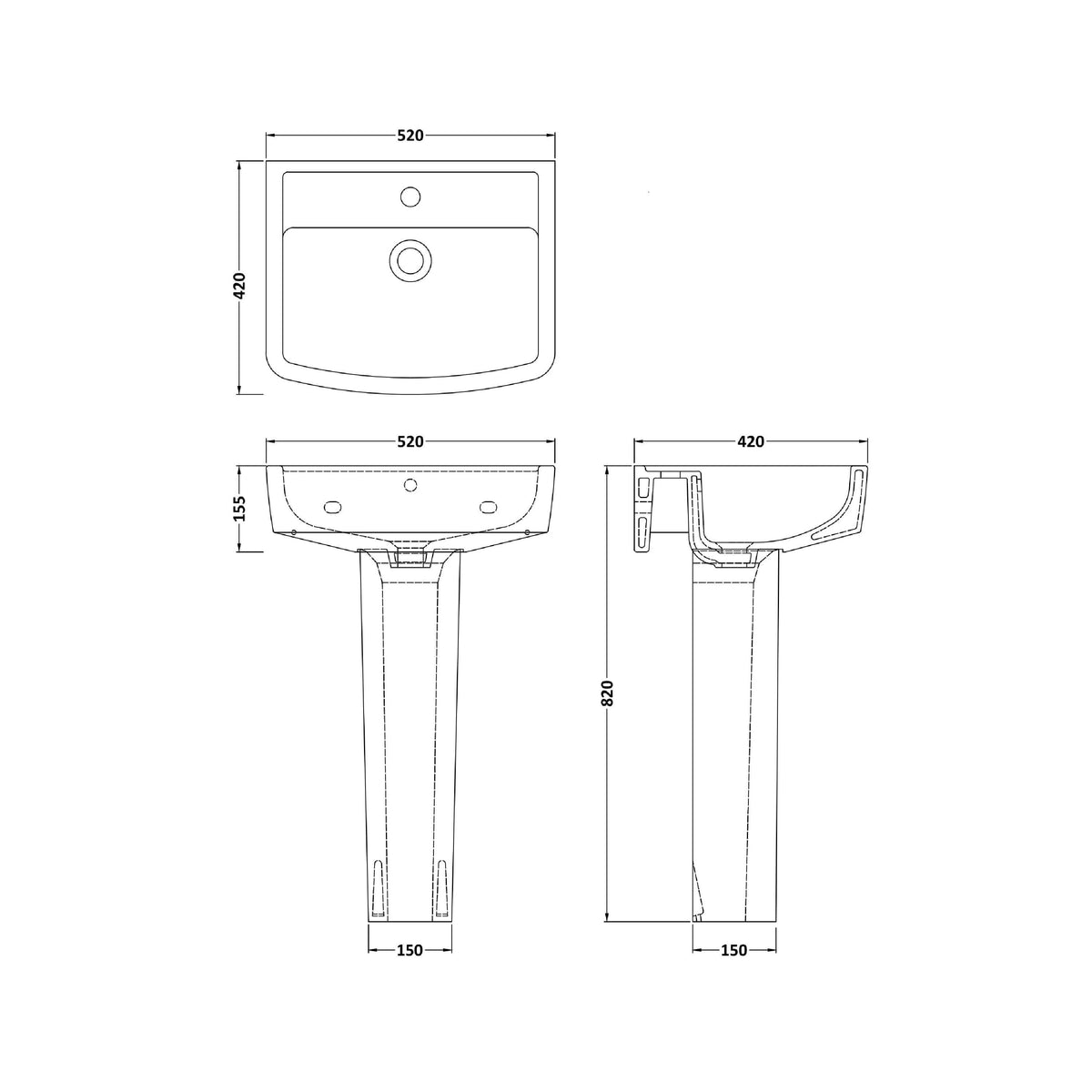 Nuie Bliss 1 Tap Hole Ceramic Basin & Pedestal – 520mm & 600mm, photo 3