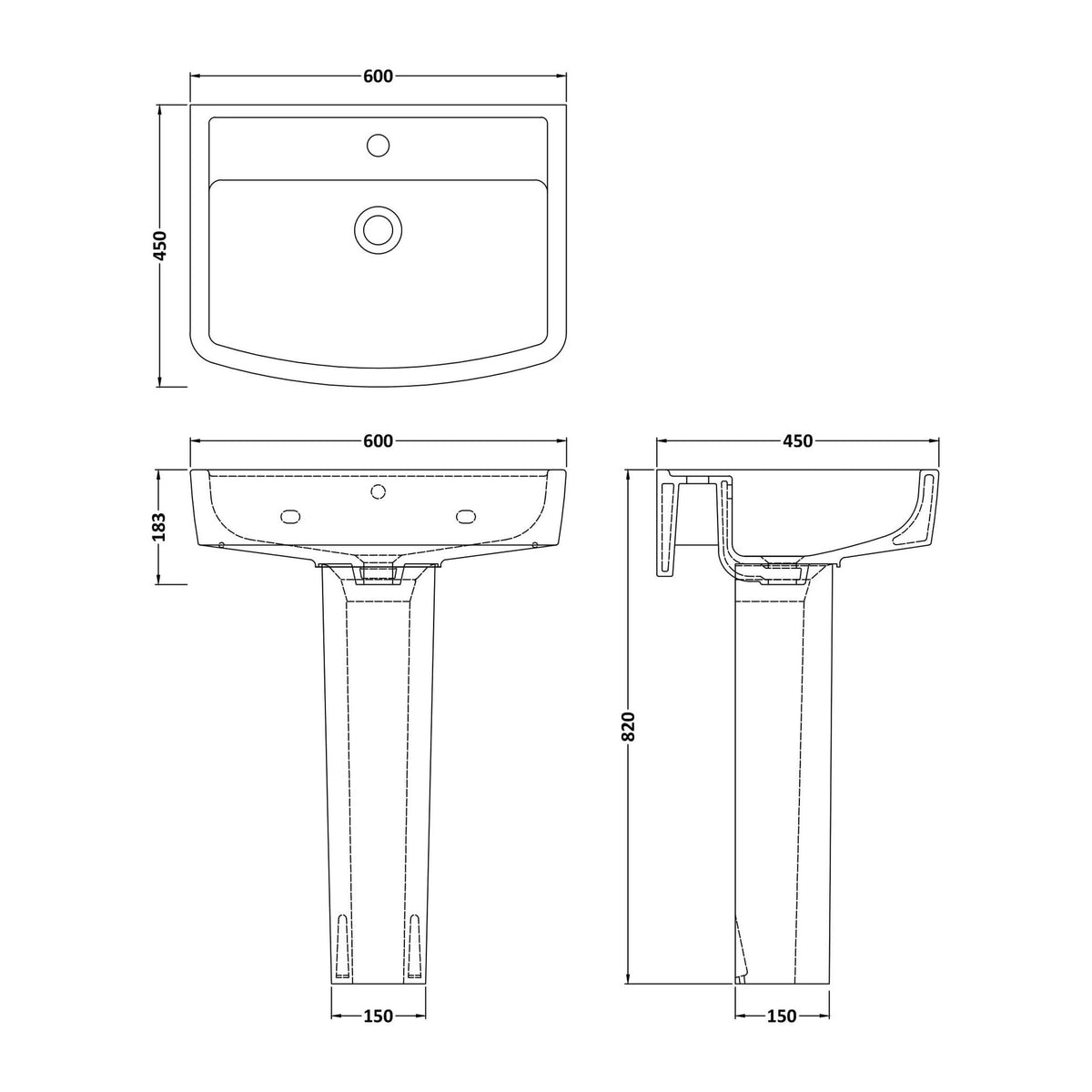 Nuie Bliss 1 Tap Hole Ceramic Basin & Pedestal – 520mm & 600mm, photo 4