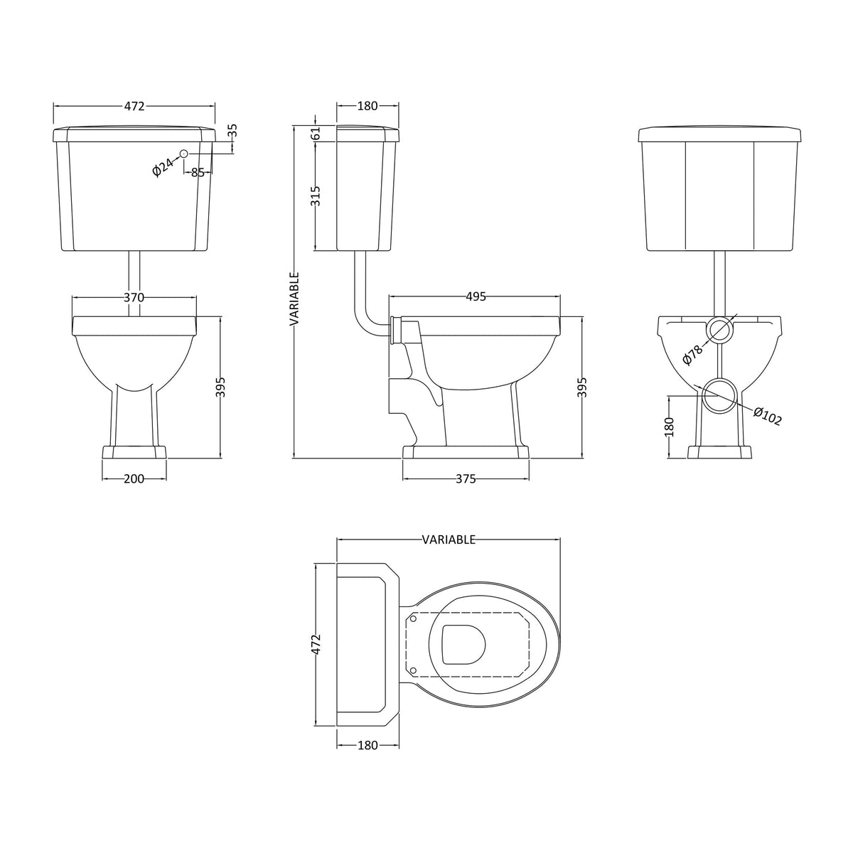 Nuie Carlton Traditional Low Level Toilet With Cistern & Flush Pipe – White, photo 3