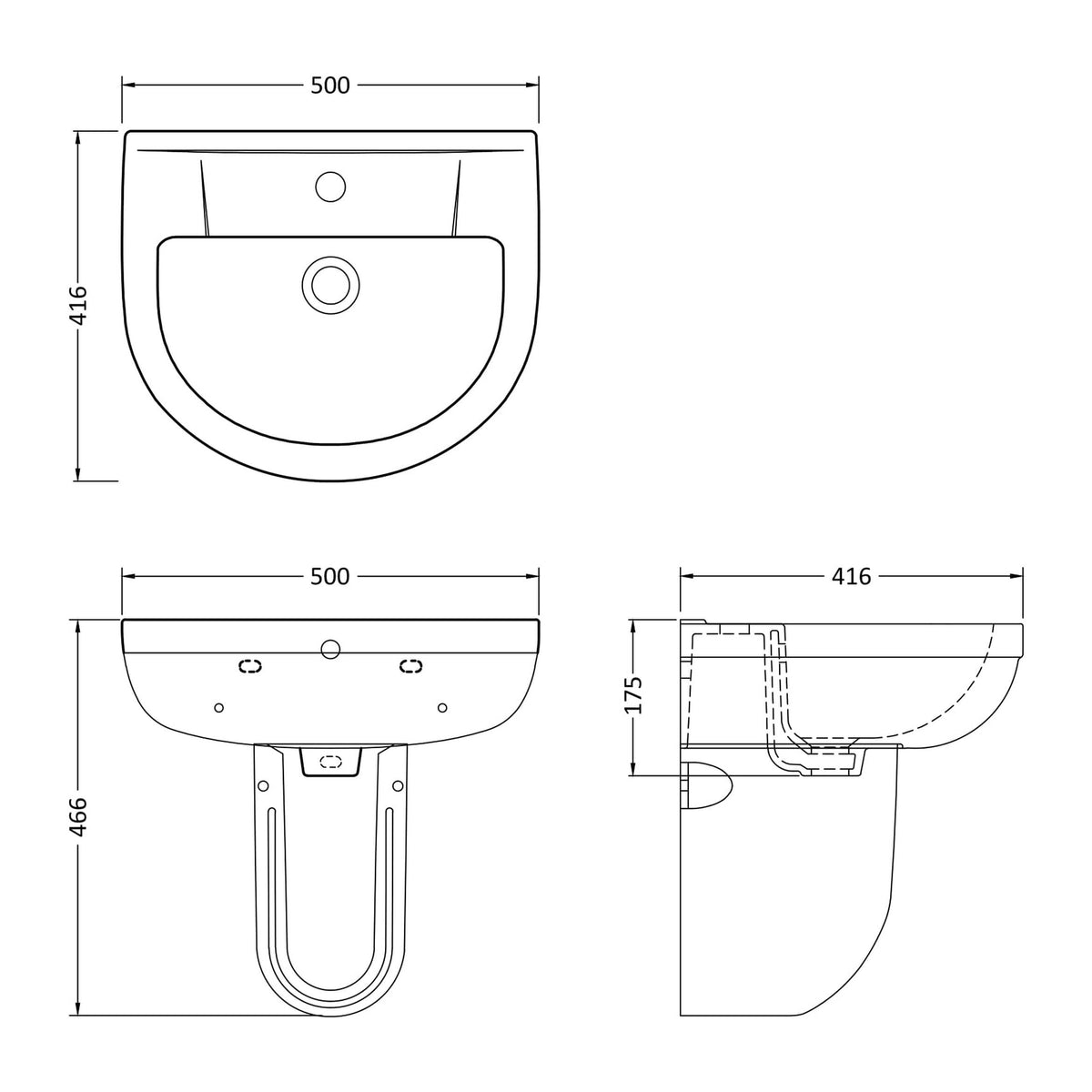Nuie Harmony 500mm 1 Tap Hole Ceramic Basin & Semi Pedestal – White, photo 2