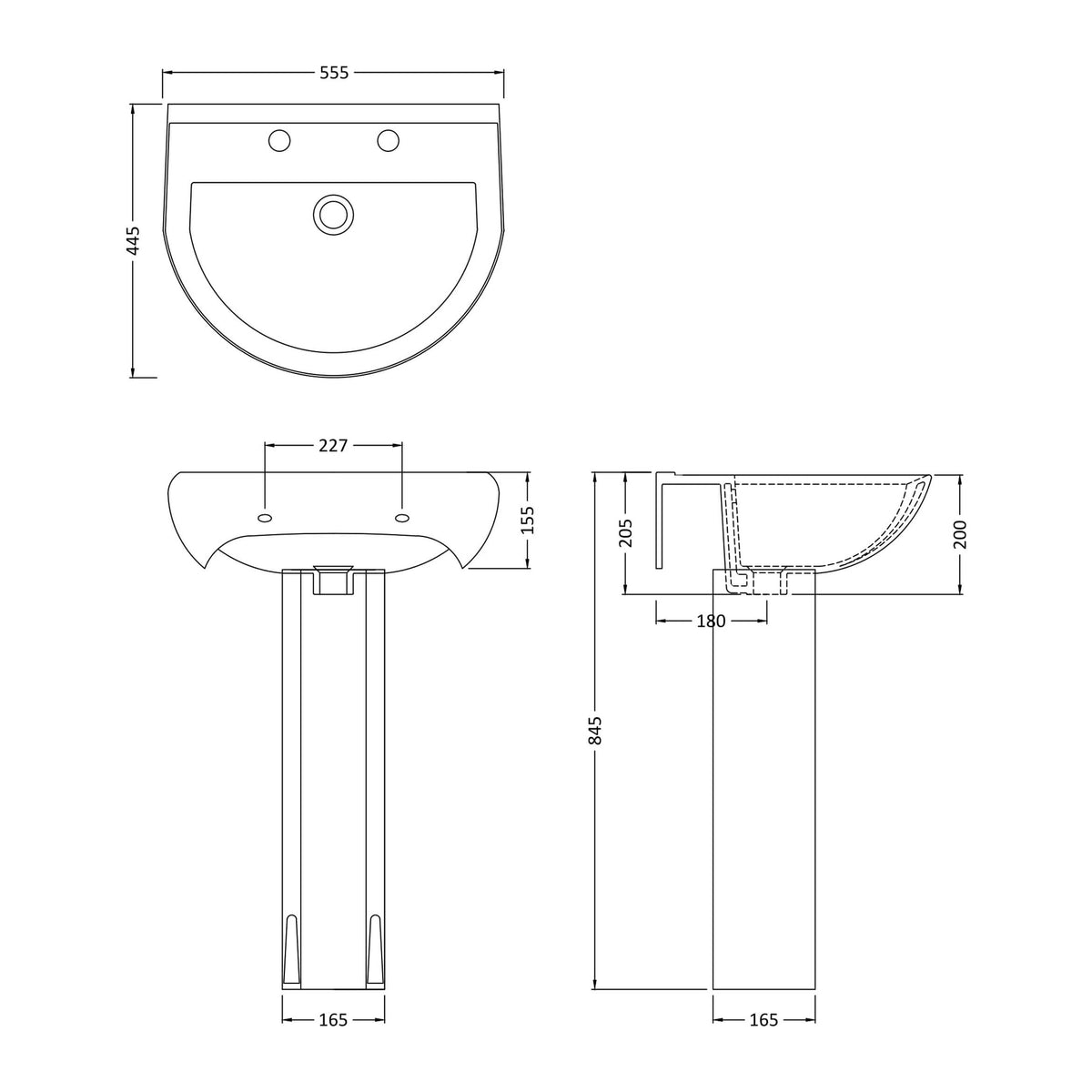 Nuie Ivo 550mm 2 Tap Hole Ceramic Basin & Pedestal – White, photo 2