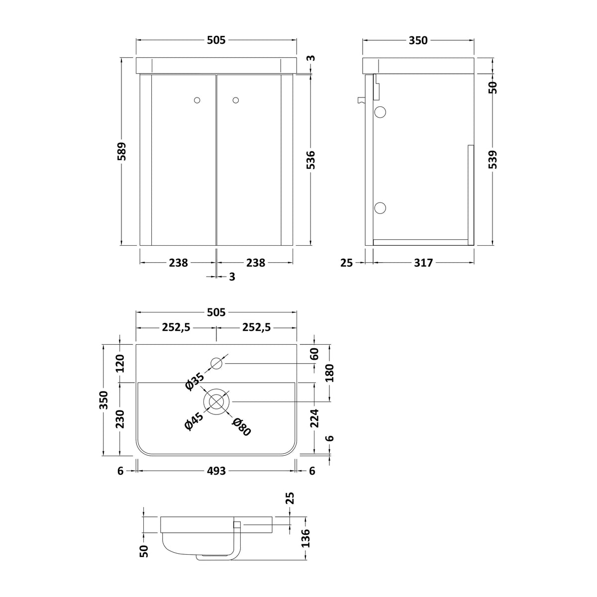 Nuie Core 2 Door Wall Hung Vanity Unit With Basin – 500mm & 600mm, photo 6