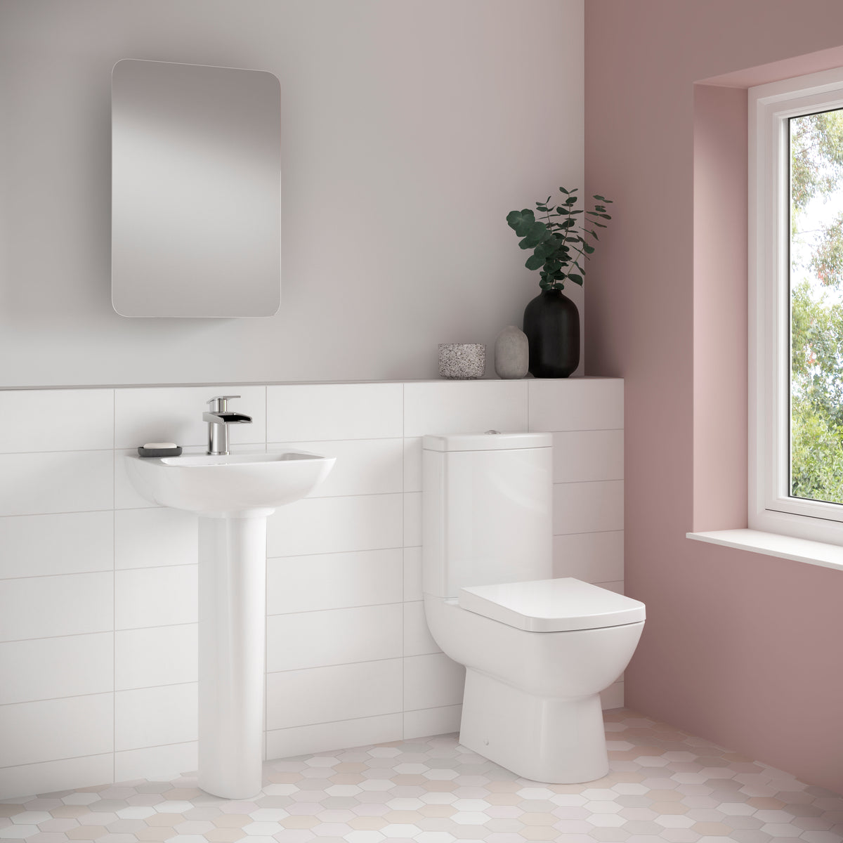 Nuie Ambrose Short Projection Semi Flush to Wall Close Coupled Toilet Pan – White, photo 4