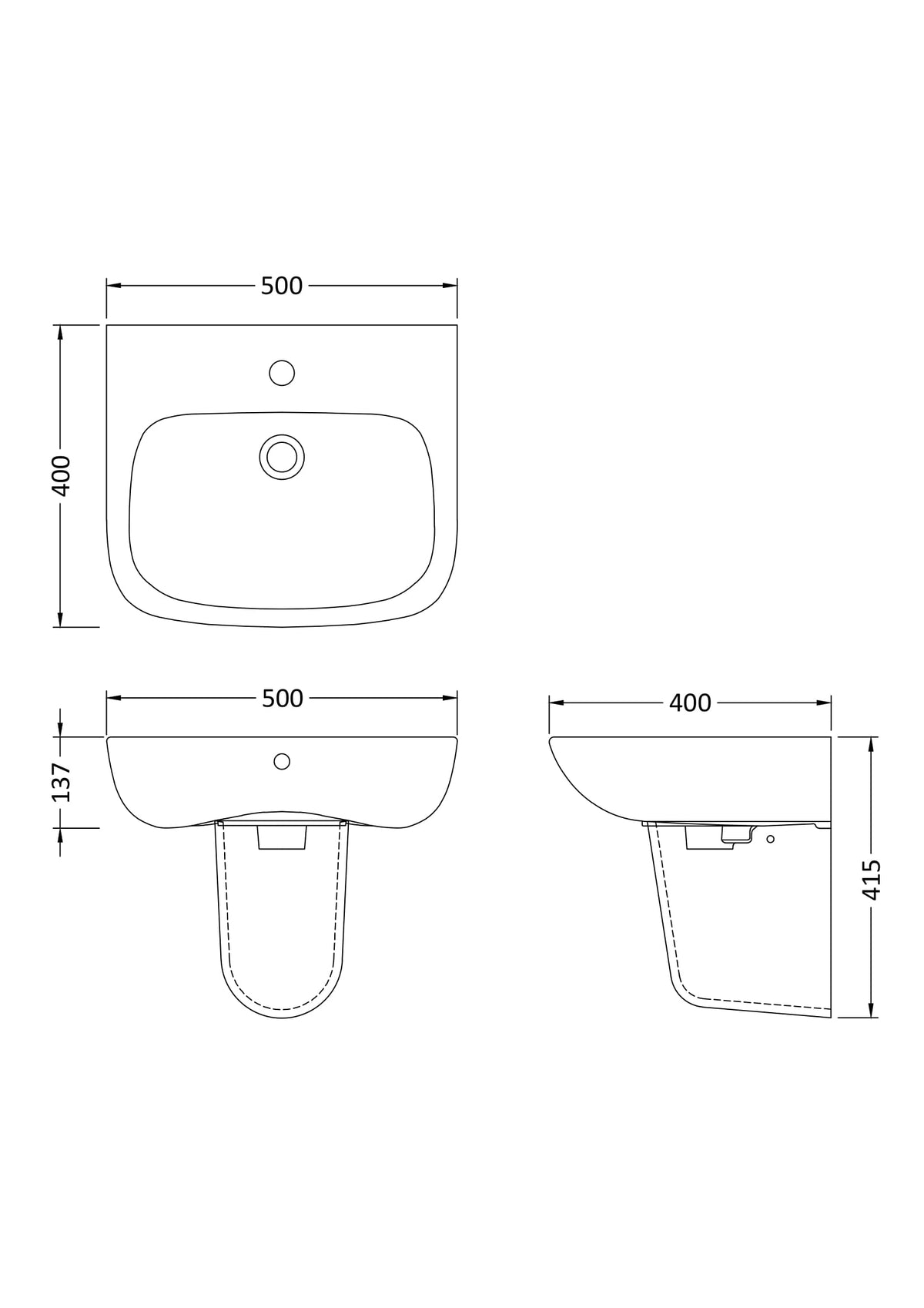 Nuie Ambrose 1 Tap Hole Ceramic Basin & Semi Pedestal – 450mm & 500mm, photo 4