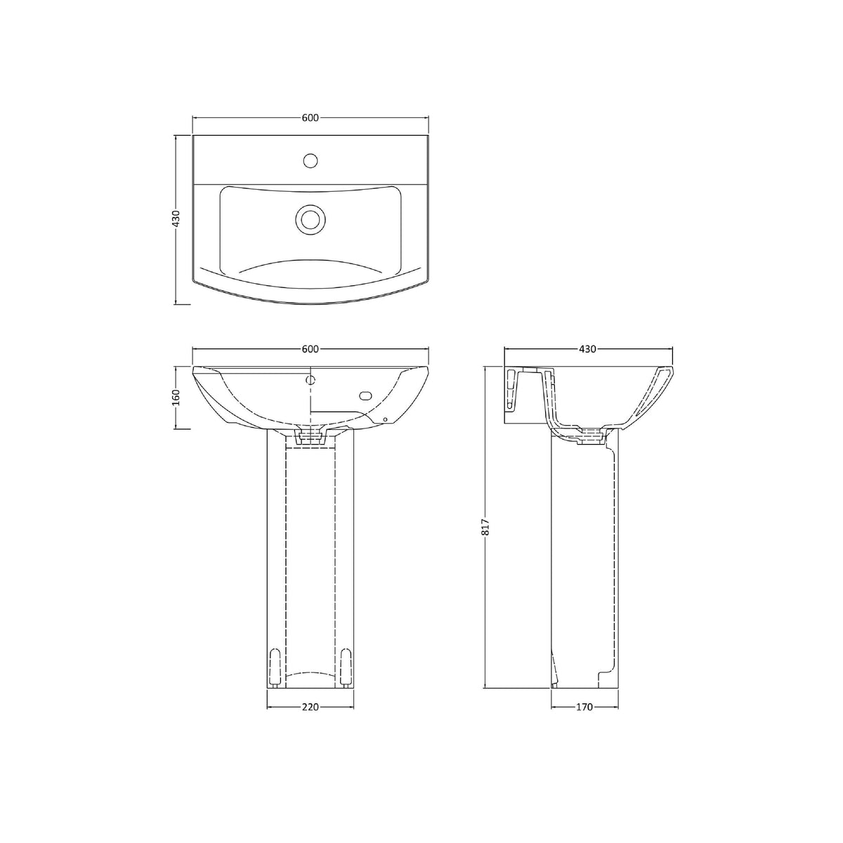 Nuie Asselby 600mm 1 Tap Hole Ceramic Basin & Pedestal – White, photo 3