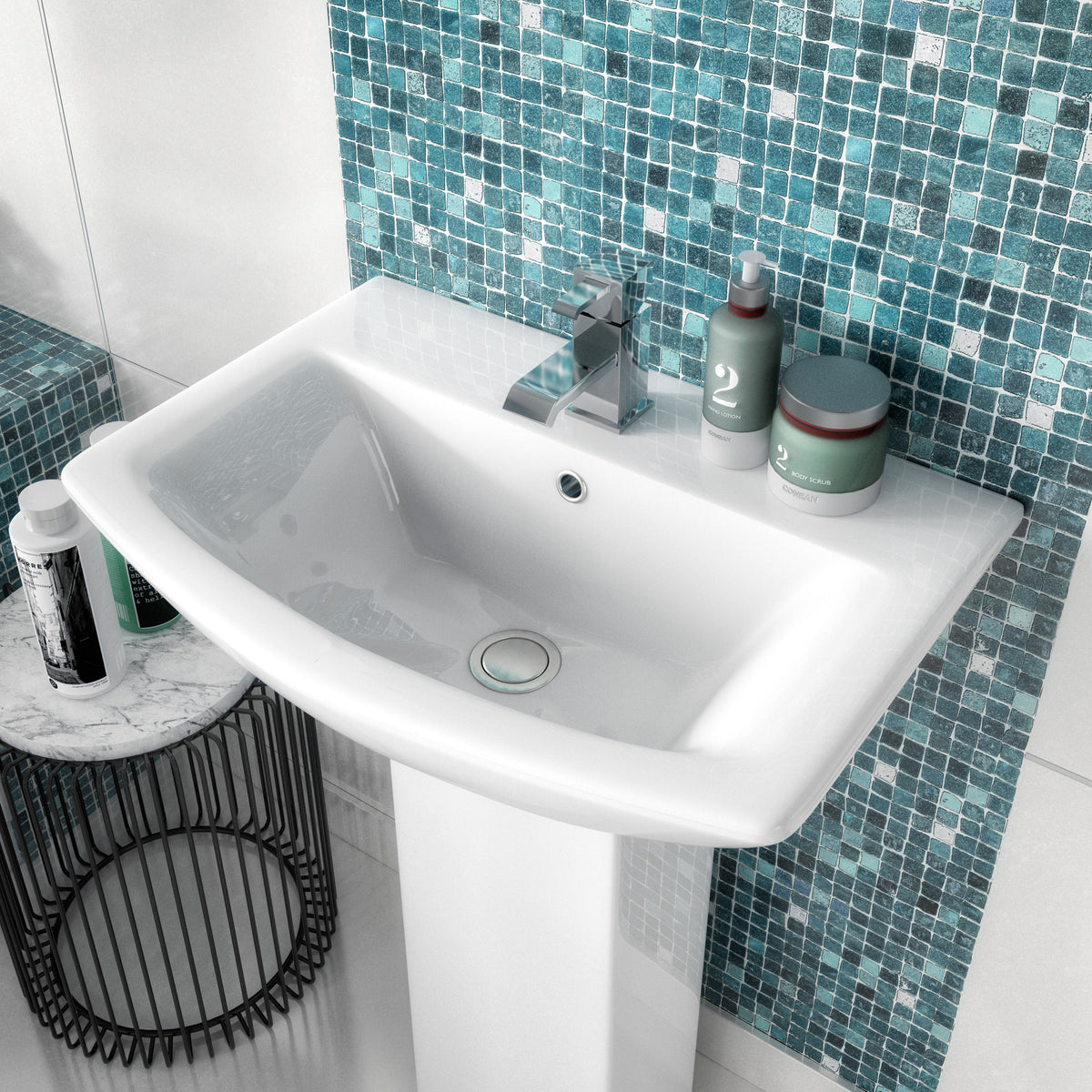 Nuie Asselby 600mm 1 Tap Hole Ceramic Basin & Pedestal – White, photo 4