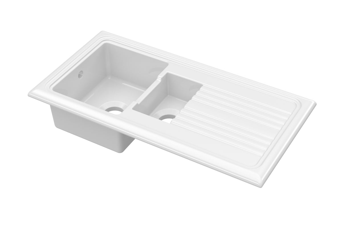 Nuie 1010 x 525mm Fireclay 1.5 Bowl Rectangular Countertop Drainer Sink – White, photo 2