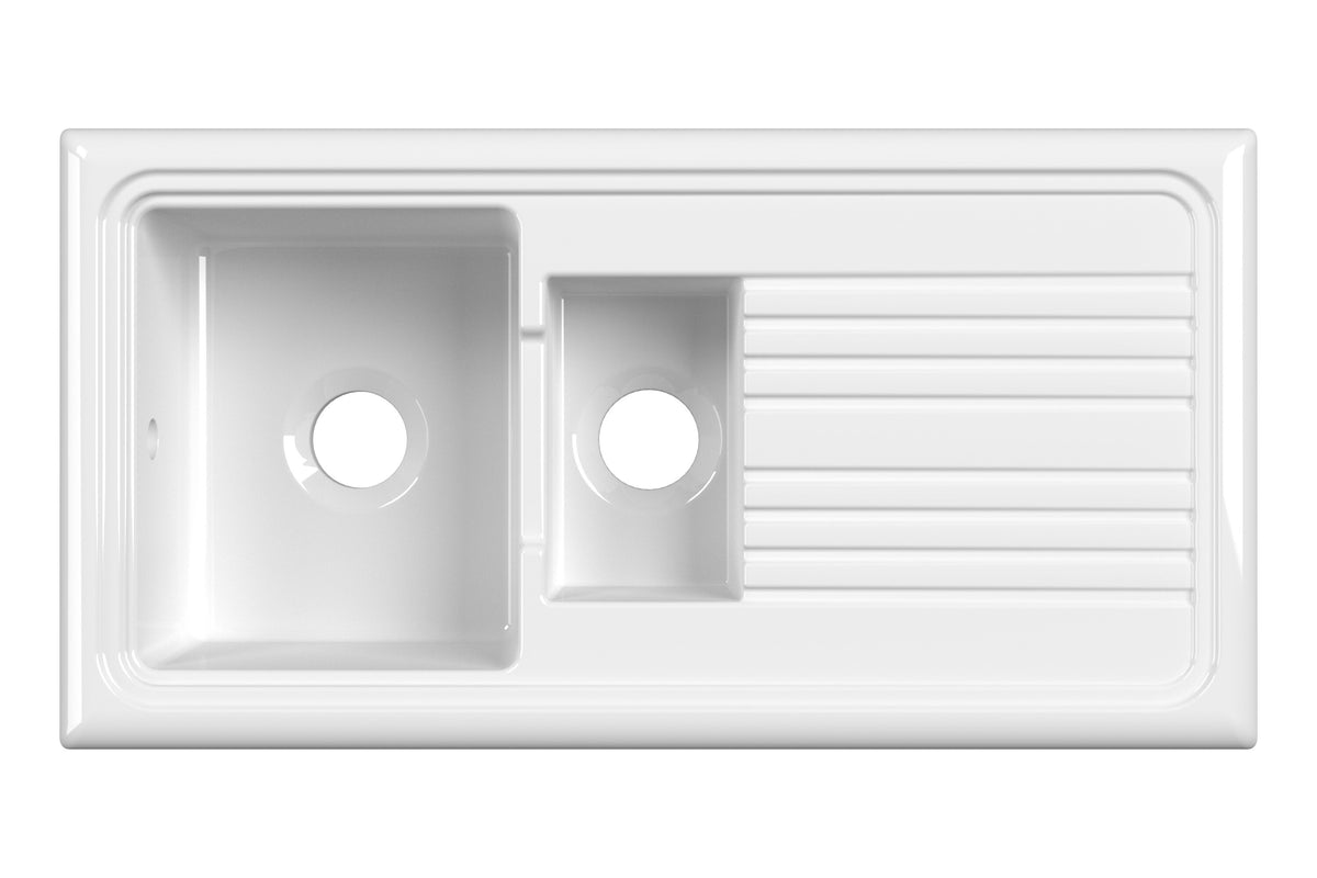 Nuie 1010 x 525mm Fireclay 1.5 Bowl Rectangular Countertop Drainer Sink – White, photo 5