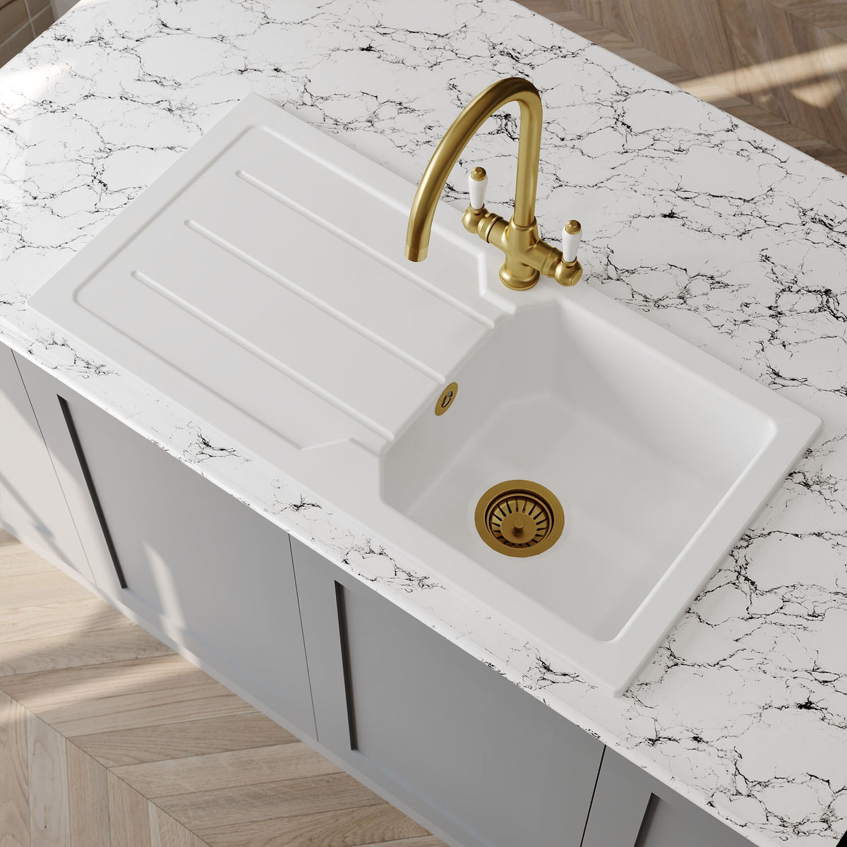 Nuie 865 x 435mm Fireclay Single Bowl Compact Countertop Drainer Sink – White, photo 4
