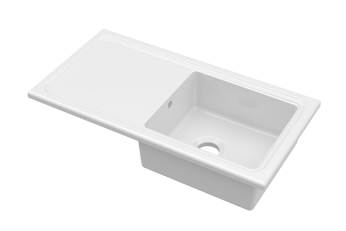 Nuie 1010 x 525mm Fireclay Single Bowl Rectangular Countertop Drainer Sink – White, photo 2