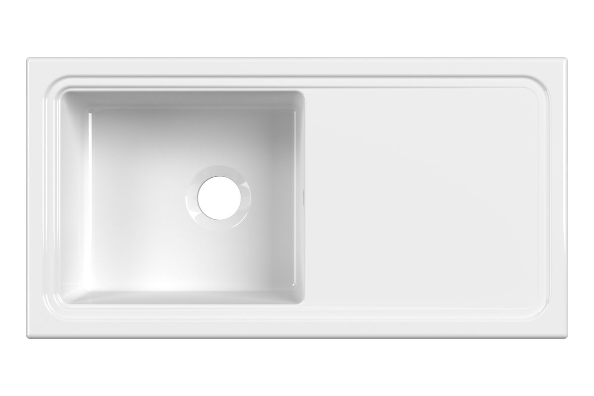 Nuie 1010 x 525mm Fireclay Single Bowl Rectangular Countertop Drainer Sink – White, photo 4