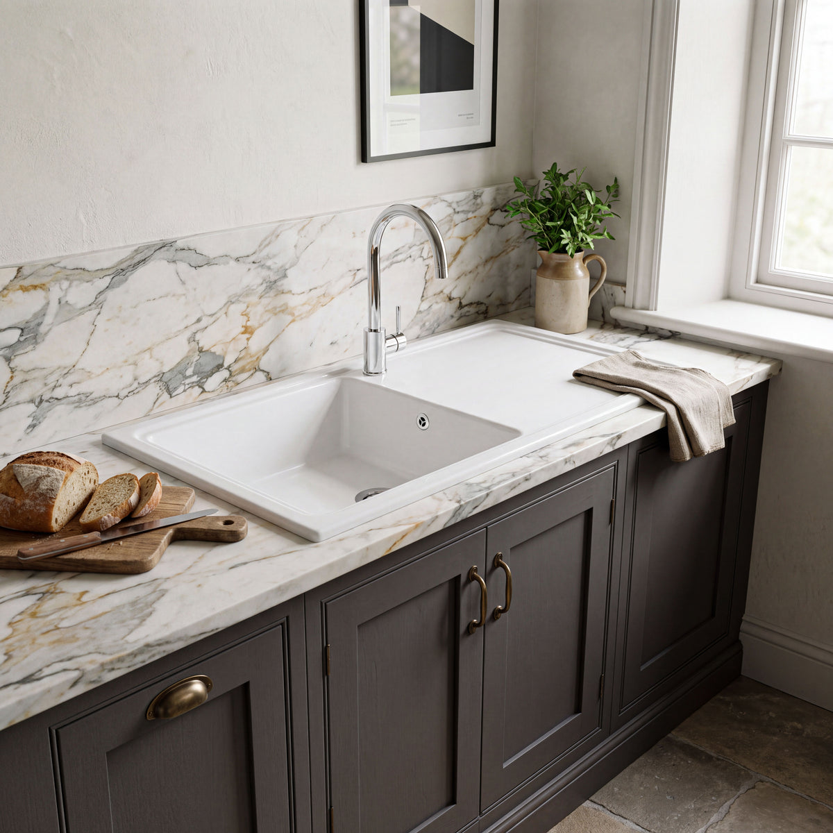Nuie 1010 x 525mm Fireclay Single Bowl Rectangular Countertop Drainer Sink – White