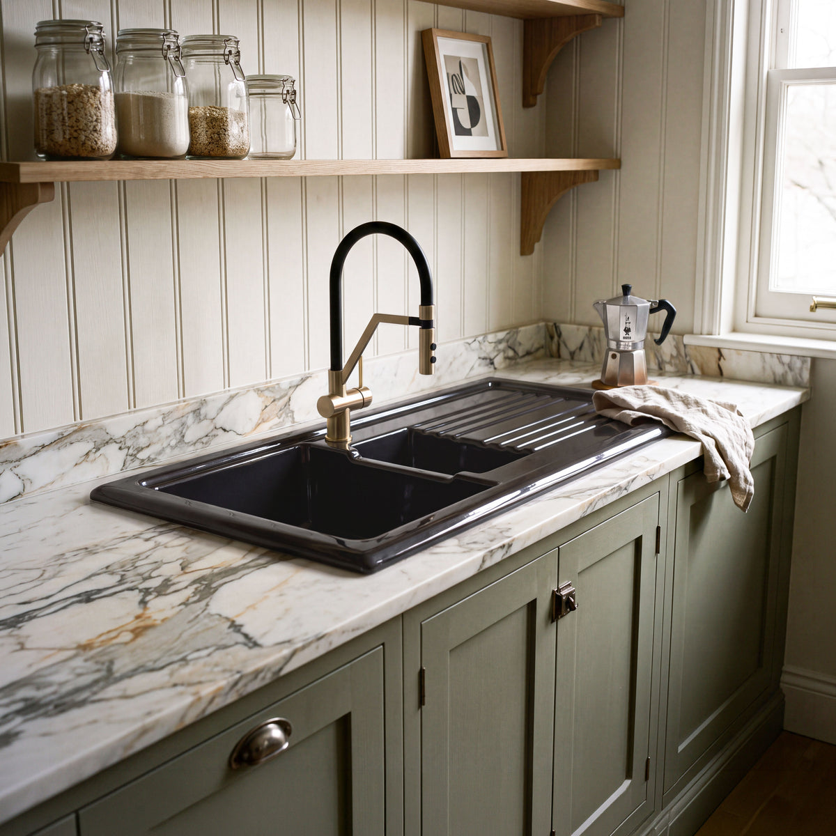 Nuie 1010 x 525mm Fireclay 1.5 Bowl Rectangular Countertop Drainer Sink – Soft Black