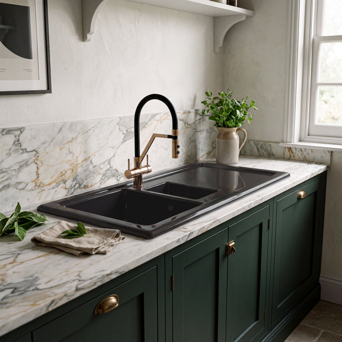 Nuie 1010 x 525mm Fireclay 1.5 Bowl Rectangular Countertop Drainer Sink – Soft Black