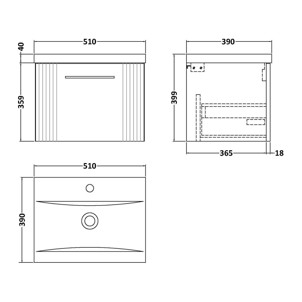 Nuie Deco 1 Drawer Wall Hung Vanity Unit With Basin – 500mm, 600mm & 800mm, photo 10