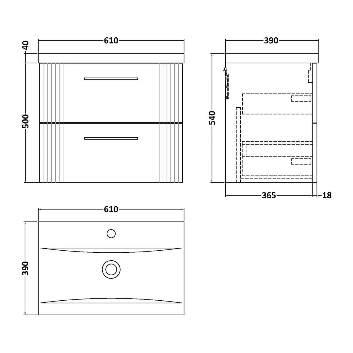Nuie Deco 2 Drawer Wall Hung Vanity Unit With Basin – 500mm, 600mm & 800mm, photo 11