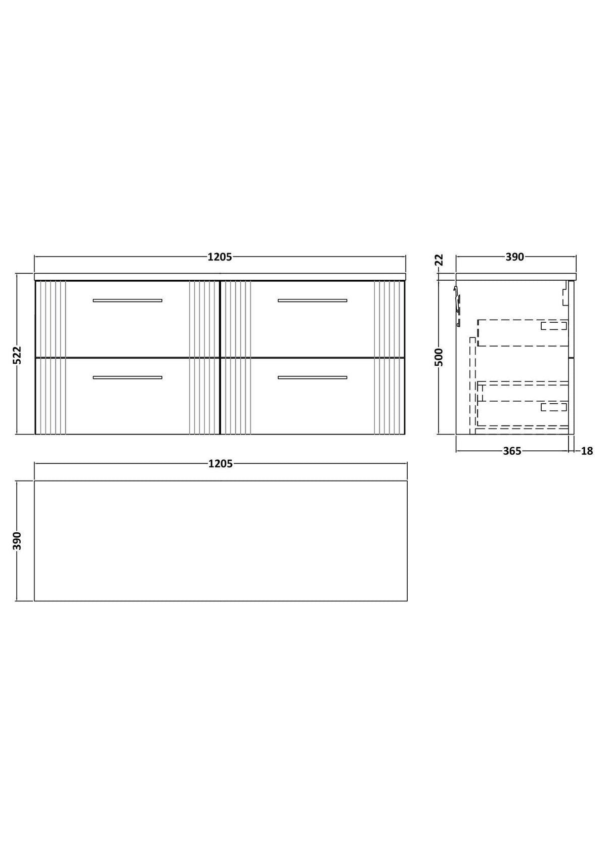 Nuie Deco 1200mm 4 Drawer Wall Hung Vanity Unit With Worktop, photo 9