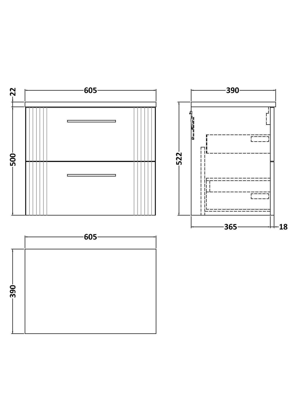 Nuie Deco 2 Drawer Wall Hung Vanity Unit With Worktop – 600mm, 800mm & 1200mm, photo 9
