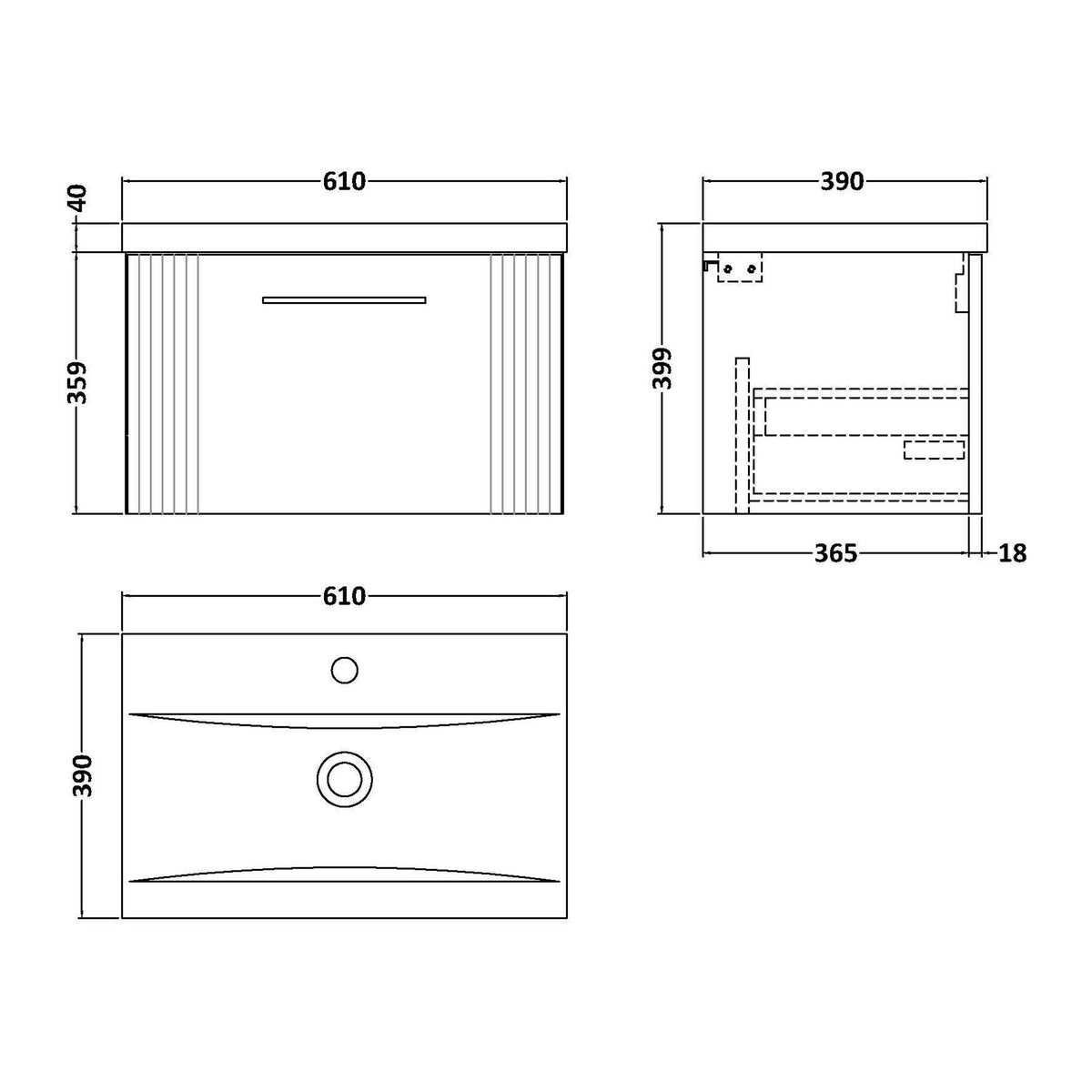Nuie Deco 1 Drawer Wall Hung Vanity Unit With Basin – 500mm, 600mm & 800mm, photo 11