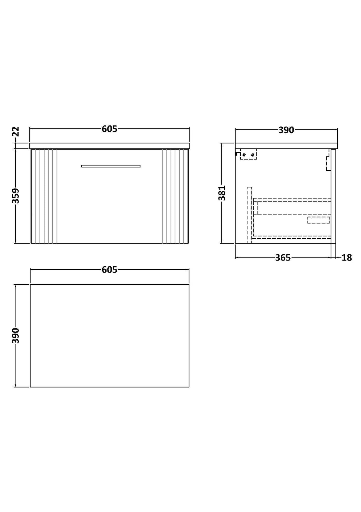 Nuie Deco 1 Drawer Wall Hung Vanity Unit With Worktop – 600mm & 800mm, photo 9