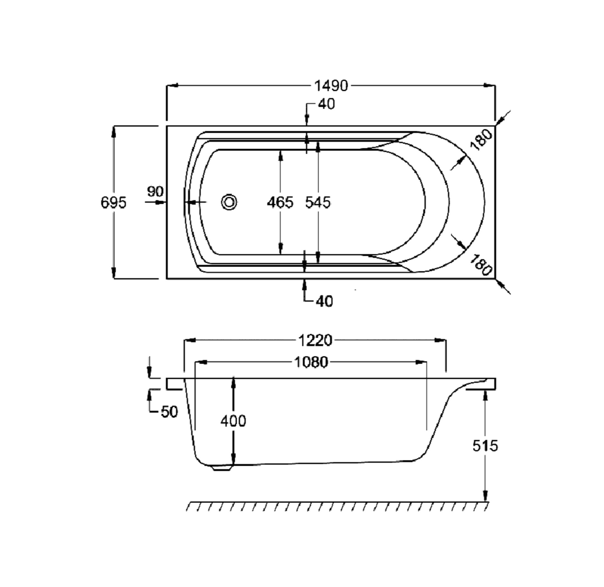Carron Arc 1500x700mm Carronite Single Ended Bath - White Gloss (02444)