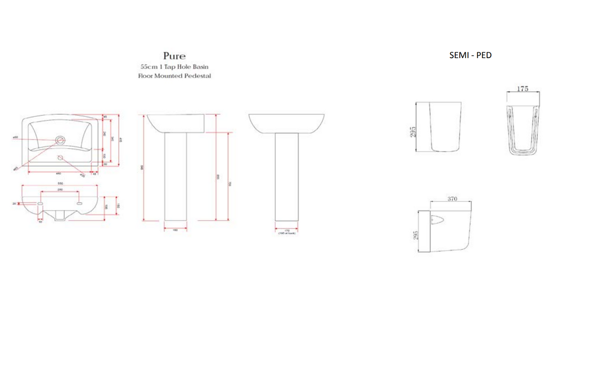 Kartell K-VIT Pure 550mm 1 Tap Hole Basin with Pedestal Options-White Gloss (POT260PU)