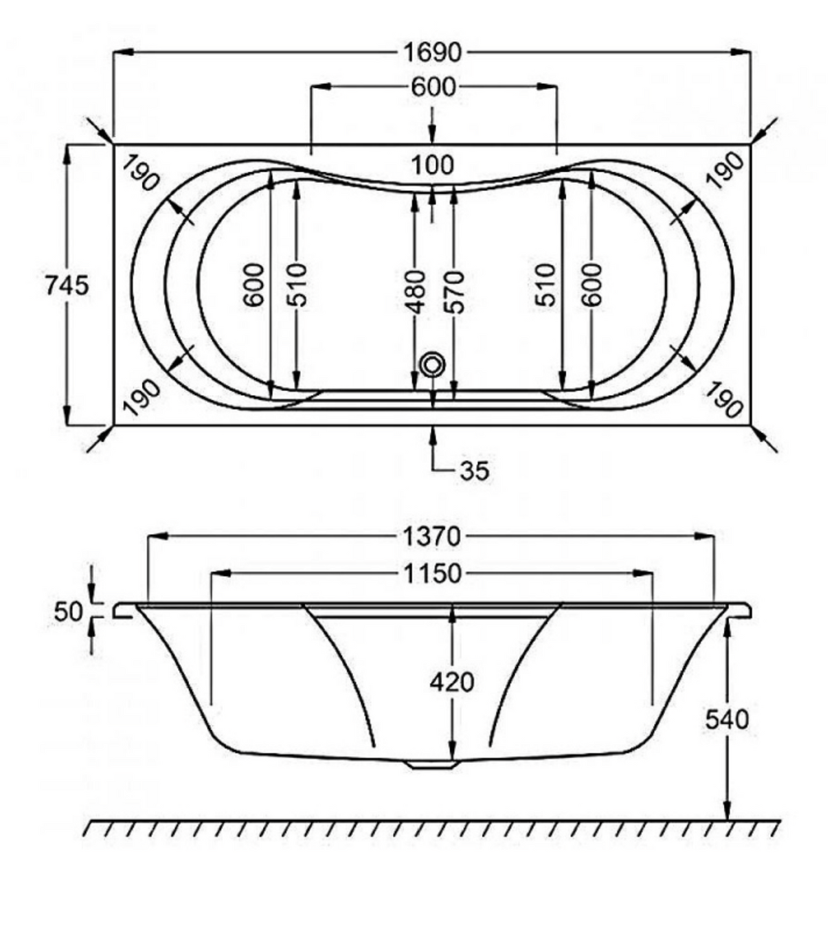 Carron Arc Duo 1700x750mm Double Ended Carronite Bath - White Gloss (02018)