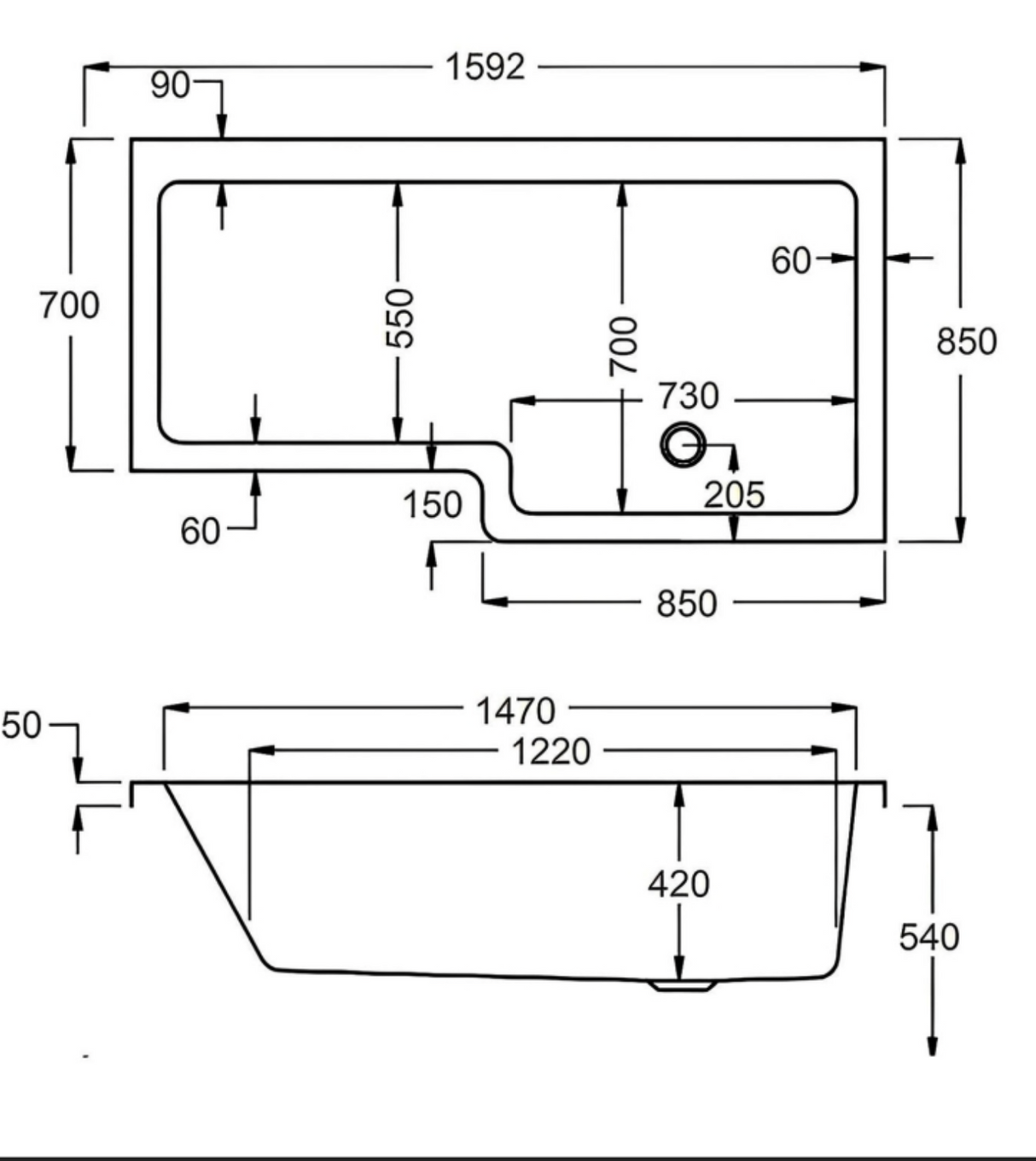 Carron Quantum L Shaped Shower Bath 1600x700(850)mm Right Hand - White Gloss (02388)