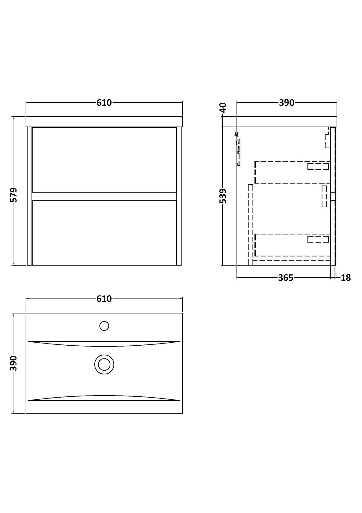 Nuie Havana 2 Drawer Wall Hung Vanity Unit With Basin – 500mm, 600mm & 800mm, photo 13