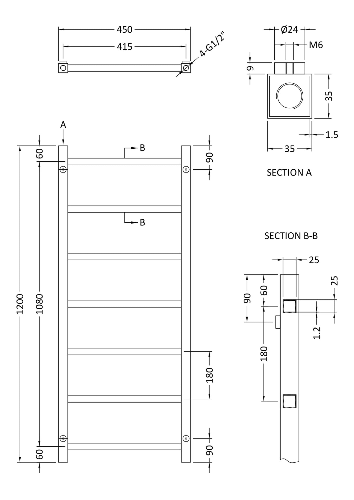 Nuie Eton Horizontal Heated Towel Rail – 1200 x 450mm & 1200 x 600mm, photo 3