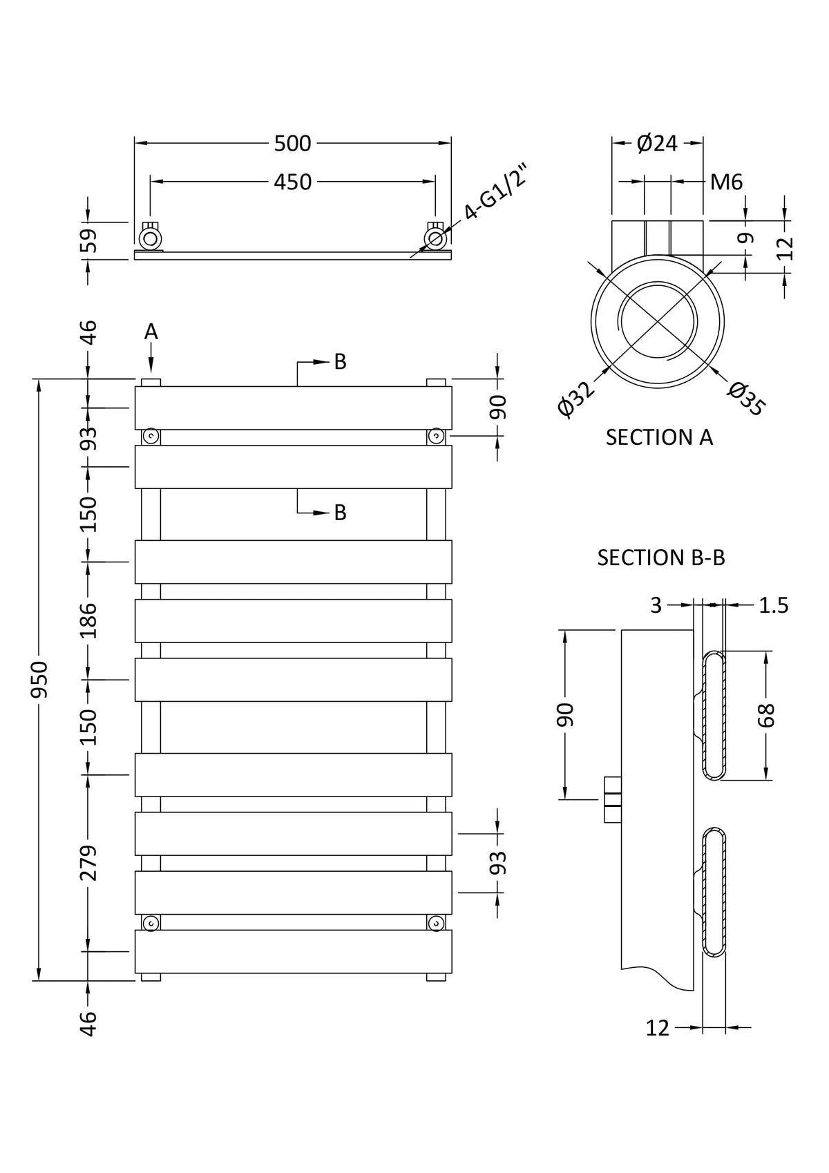 Nuie Piazza Horizontal Heated Towel Rail – 950 x 500mm, 1200 x 500mm & 1213 x 500mm, photo 5