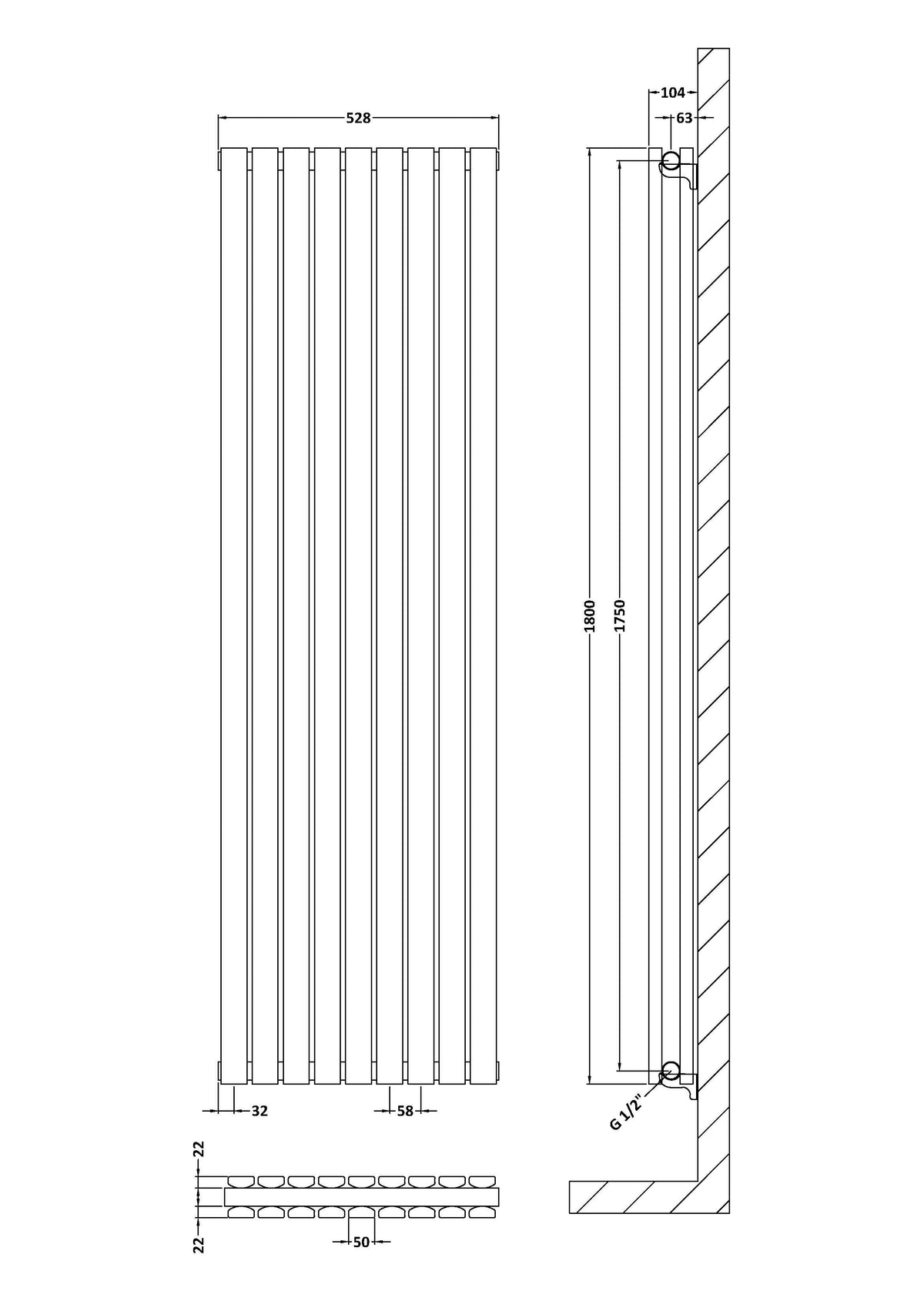 Nuie Sloane Vertical Double Panel Radiator – 1500 x 354mm, 1800 x 354mm, 1800 x 381mm & 1800 x 528mm, photo 8