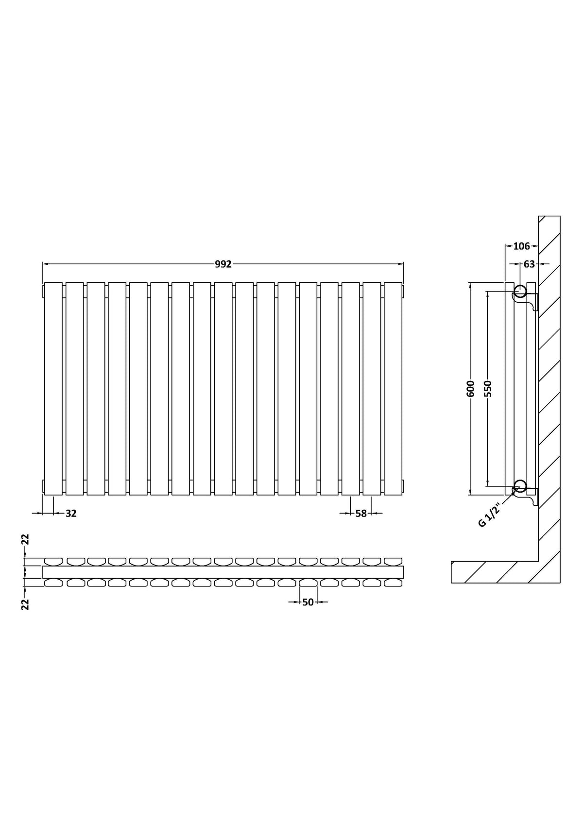 Nuie Sloane Horizontal Double Panel Radiator – 600 x 412mm, 600 x 586mm, 600 x 992mm, 992 x 600mm, 1398 x 600mm & 1572 x 600mm, photo 7