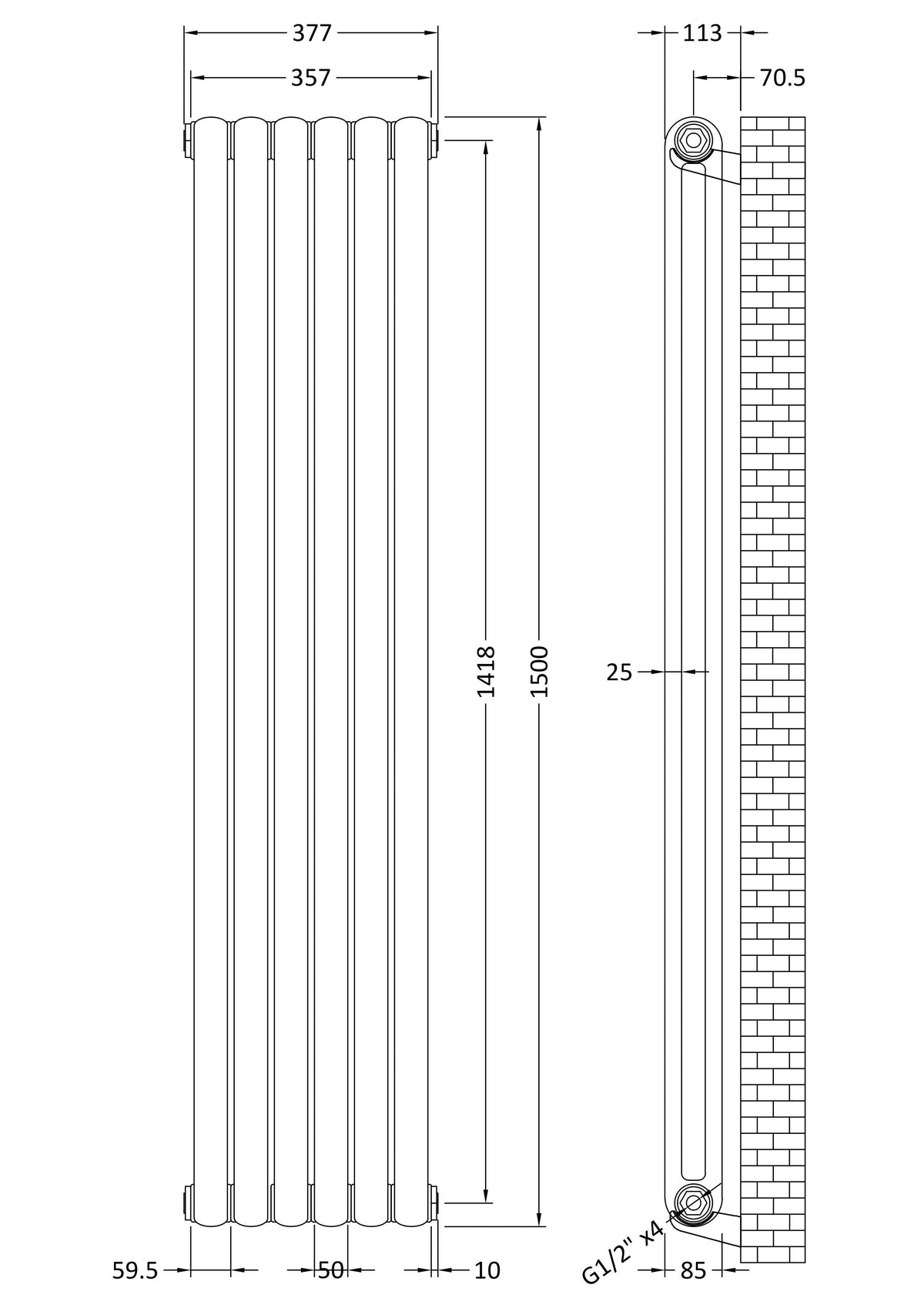 Nuie Salvia Vertical Single Panel Radiator – 1500 x 377mm & 1500 x 383mm, photo 5