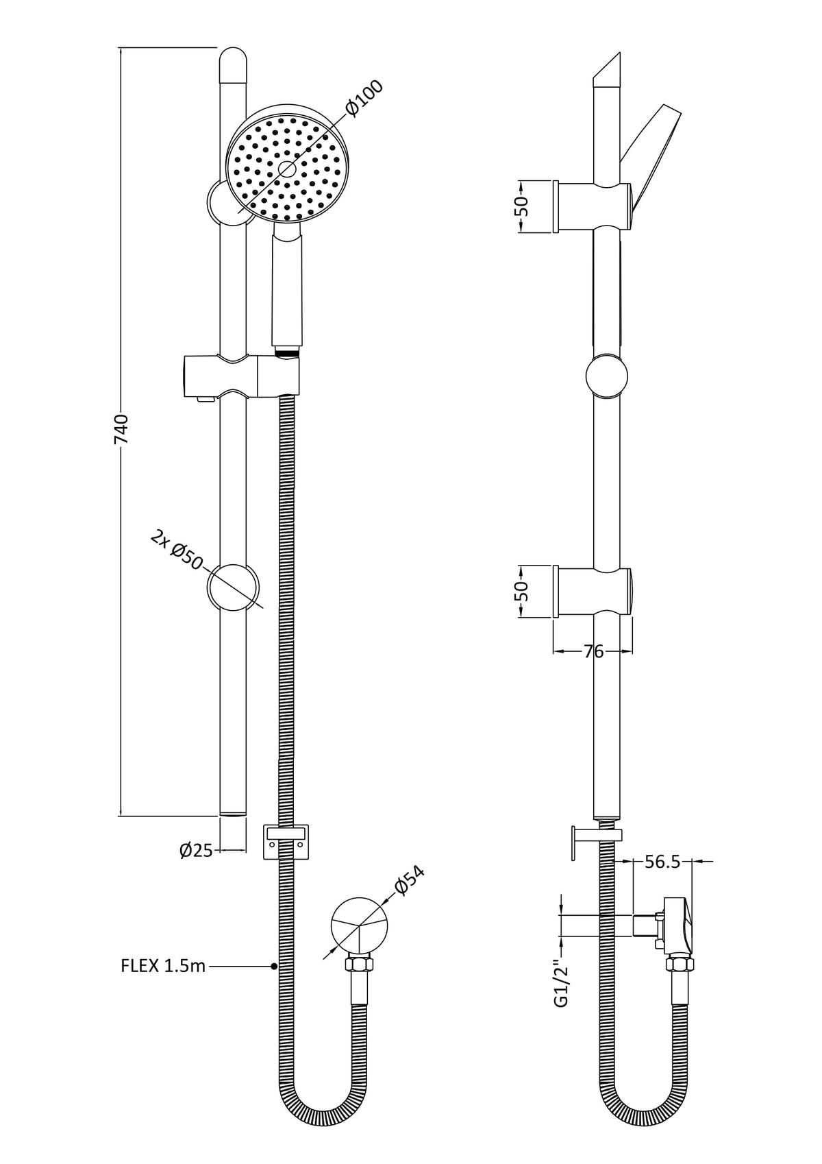 Nuie Shower Slide Rail Kit – 740mm High – Chrome, photo 2