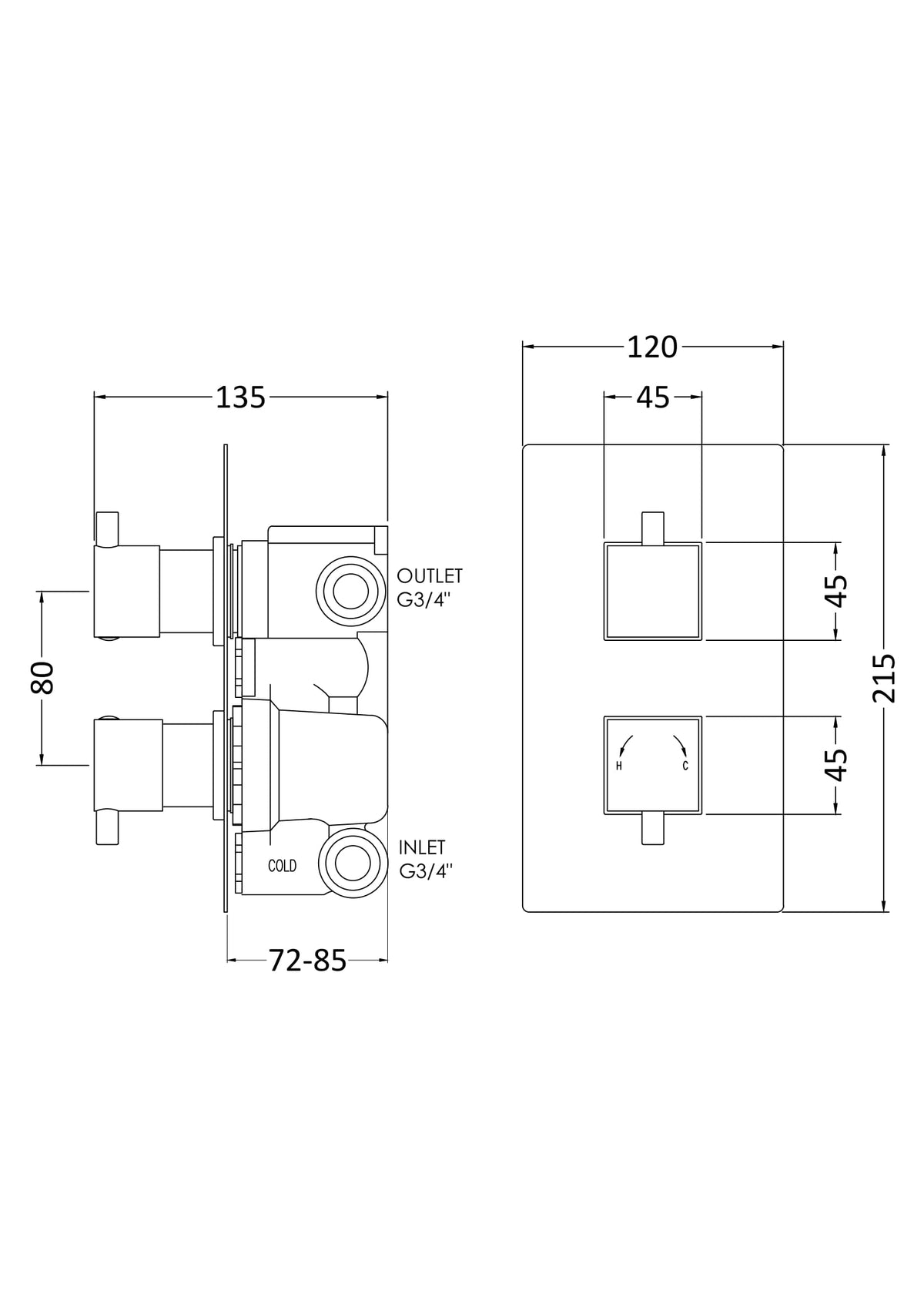 Nuie Twin Thermostatic Shower Valve With Diverter – 215mm High – Chrome, photo 2