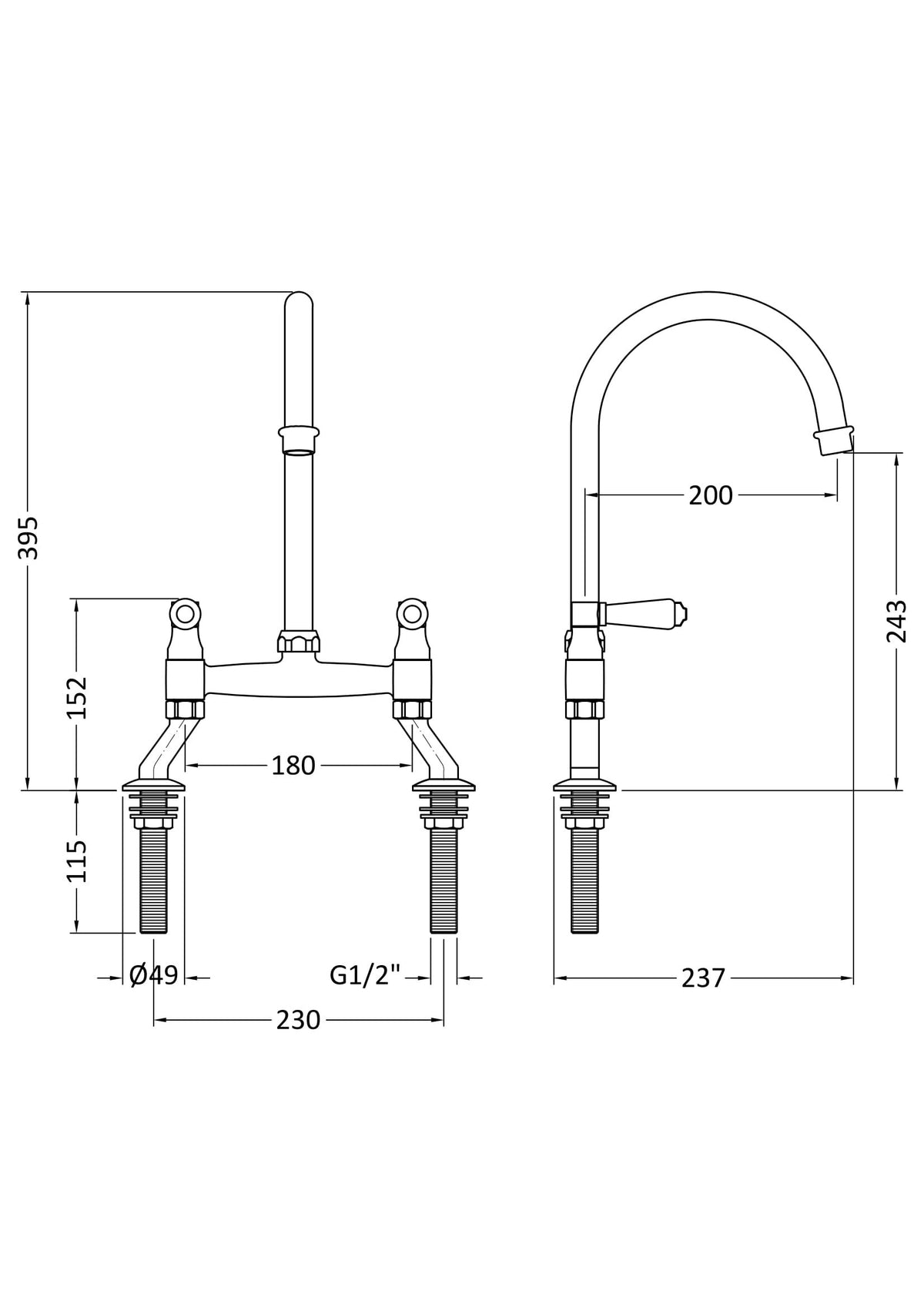 Nuie Bridge 2 Tap Hole Mixer Kitchen Tap Lever Handles – Chrome, photo 3
