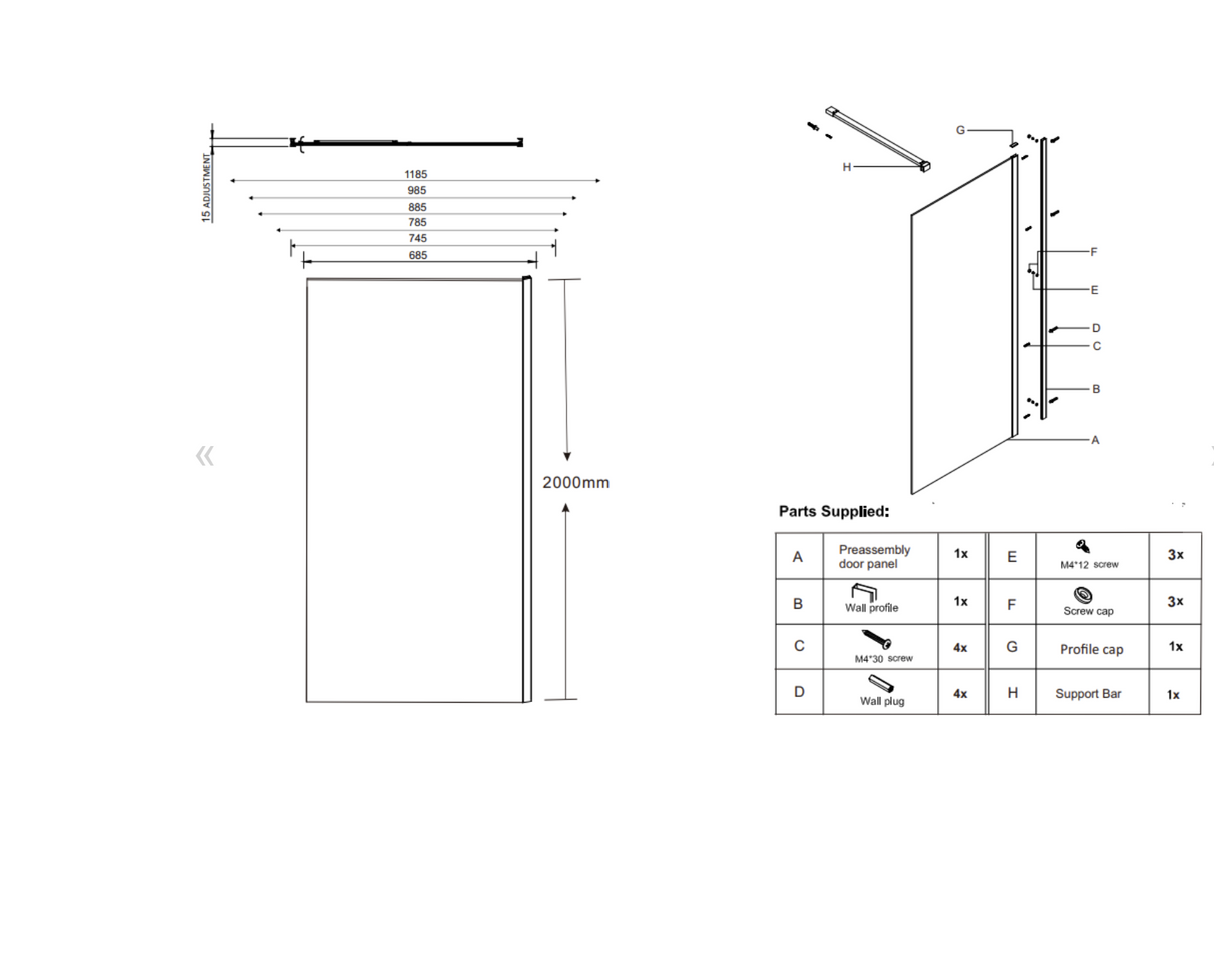 Kartell K-VIT KV8 Wetroom Screen With Profile Kit (Wall Profile & Bracing Bar) Chrome (All Sizes)